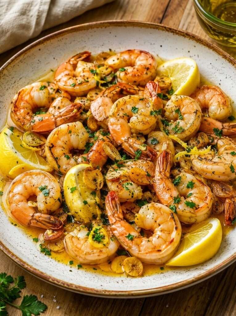 Crevettes poêlées à l’ail et au citron, nappées de beurre et parsemées de persil frais dans une poêle.