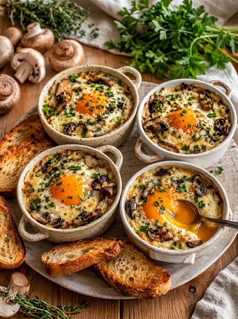 Œuf cocotte à la crème, aux champignons et au comté dans un ramequin, servi avec des mouillettes de pain grillé.