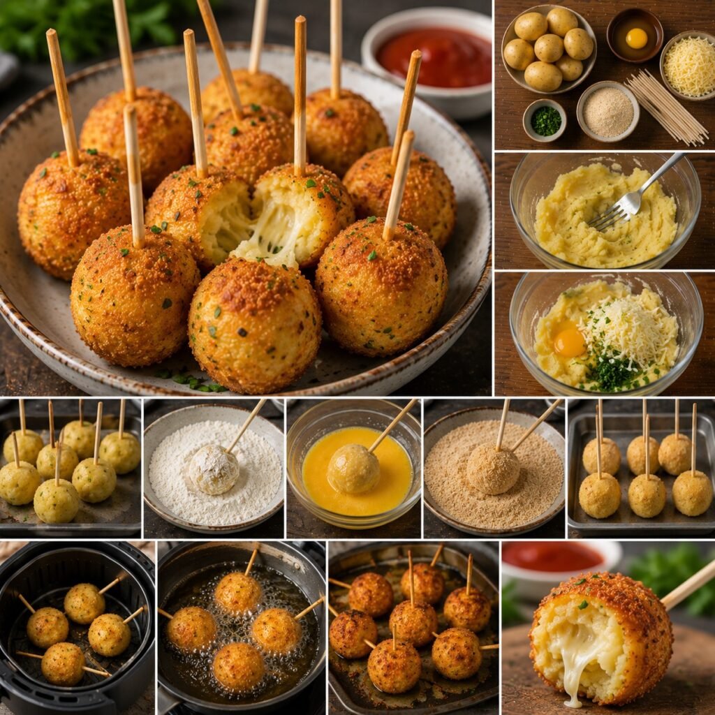 Pommes de terre lollipop dorées et croustillantes, préparées avec purée de pommes de terre, fromage râpé et chapelure, servies sur des bâtonnets.