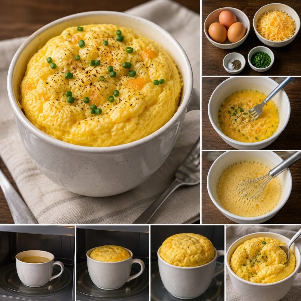 Omelette soufflée au micro-ondes, bien gonflée et moelleuse, garnie de fromage fondu et de ciboule fraîche dans un petit récipient individuel.