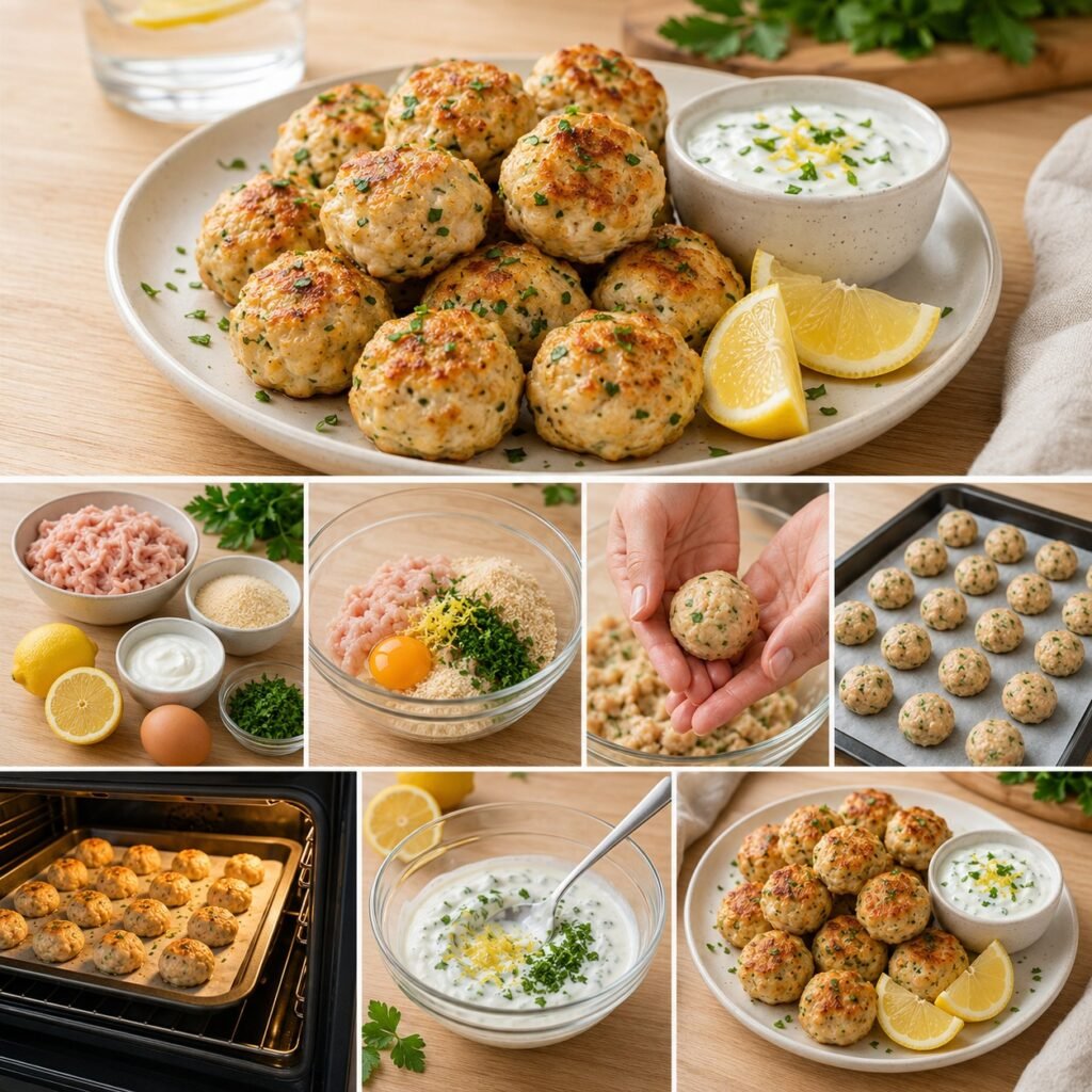 Boulettes de poulet au citron dorées au four, accompagnées d’une sauce crémeuse au yaourt et au citron dans une lunchbox avec quelques crudités fraîches.