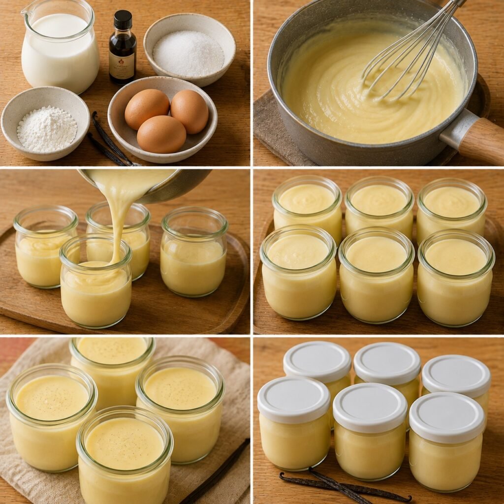 Petits pots de crème dessert maison à la vanille, lisses et onctueux, servis frais dans de petits contenants individuels pour un goûter de rentrée scolaire.