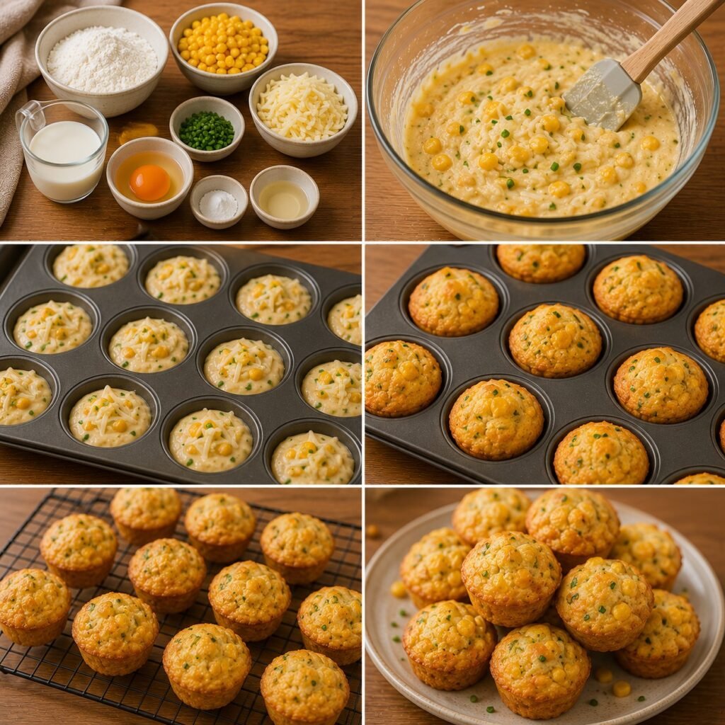 Mini muffins salés au maïs et au fromage fraîchement cuits, dorés et moelleux, présentés dans une lunchbox avec quelques crudités pour un repas de rentrée scolaire.