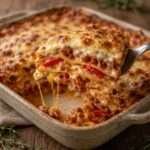 Plat de lasagnes d’été aux poivrons rôtis et chorizo, nappées de sauce tomate et de béchamel légère, avec une généreuse couche de fromage doré et gratiné.