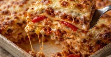 Plat de lasagnes d’été aux poivrons rôtis et chorizo, nappées de sauce tomate et de béchamel légère, avec une généreuse couche de fromage doré et gratiné.