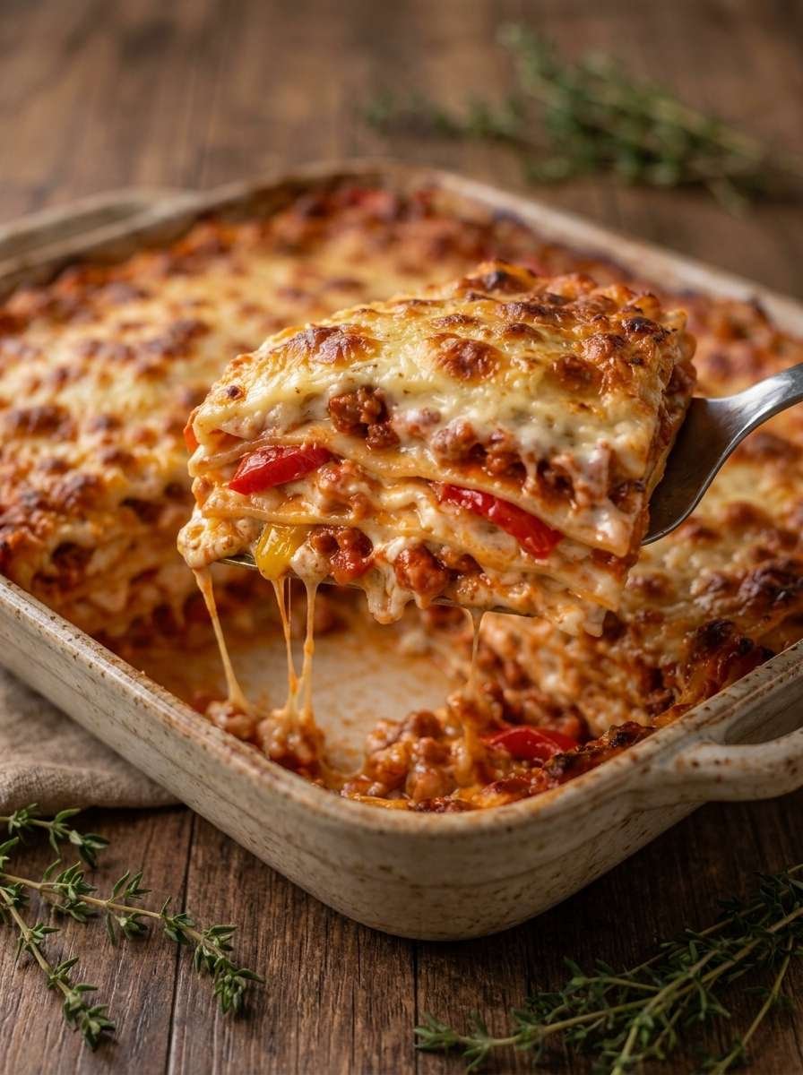 Plat de lasagnes d’été aux poivrons rôtis et chorizo, nappées de sauce tomate et de béchamel légère, avec une généreuse couche de fromage doré et gratiné.