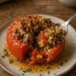 Cinq grosses tomates farcies au riz et à la viande hachée, garnies d’oignon et d’herbes fraîches, dorées au four dans un plat avec un filet d’huile d’olive.