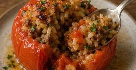 Cinq grosses tomates farcies au riz et à la viande hachée, garnies d’oignon et d’herbes fraîches, dorées au four dans un plat avec un filet d’huile d’olive.