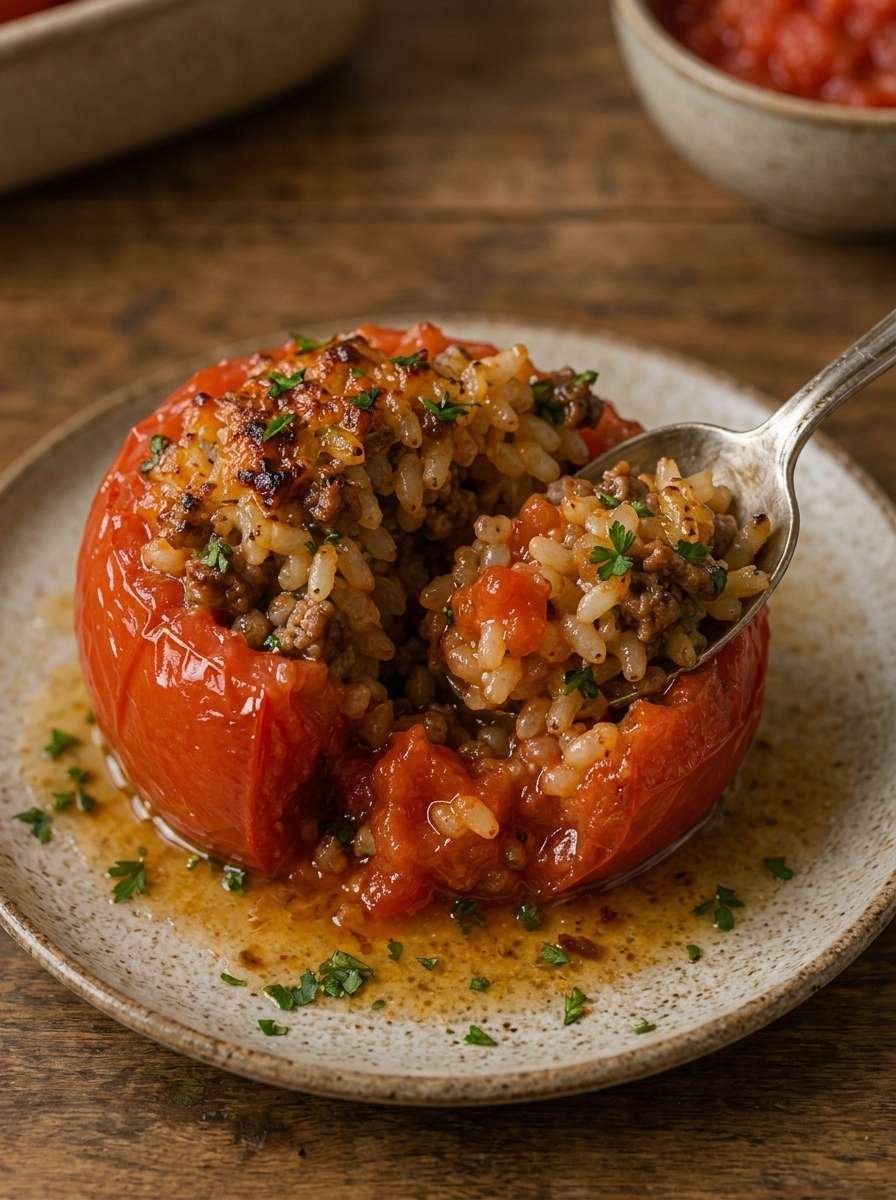 Cinq grosses tomates farcies au riz et à la viande hachée, garnies d’oignon et d’herbes fraîches, dorées au four dans un plat avec un filet d’huile d’olive.