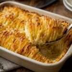 Plat de pommes de terre gratinées au four, coupées en fines tranches et disposées debout façon mille-feuille, avec crème, ail et fromage doré.