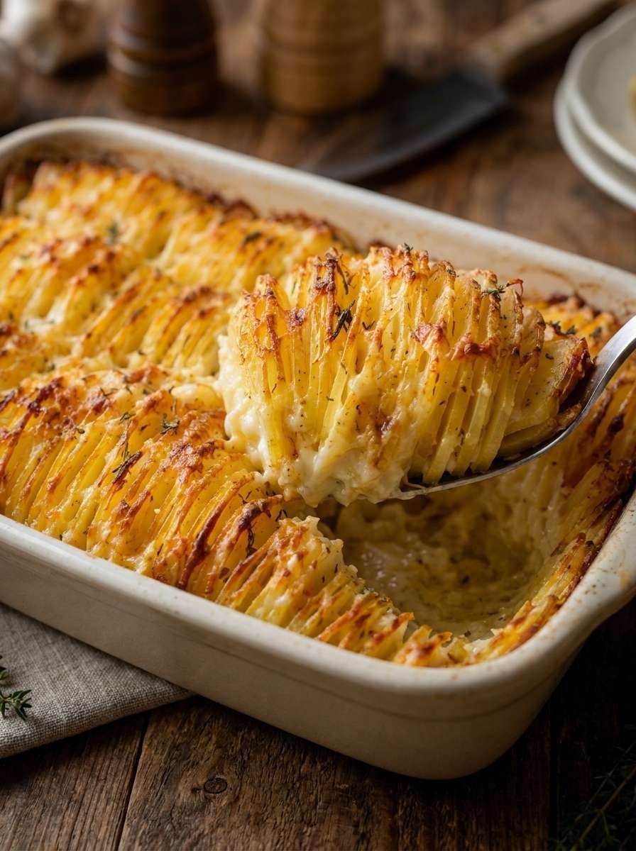 Plat de pommes de terre gratinées au four, coupées en fines tranches et disposées debout façon mille-feuille, avec crème, ail et fromage doré.
