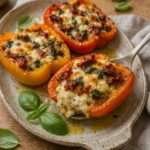 Demi-poivrons rôtis au four garnis de feta légèrement dorée, de tomates séchées et de basilic frais, avec un filet d’huile d’olive.