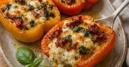 Demi-poivrons rôtis au four garnis de feta légèrement dorée, de tomates séchées et de basilic frais, avec un filet d’huile d’olive.