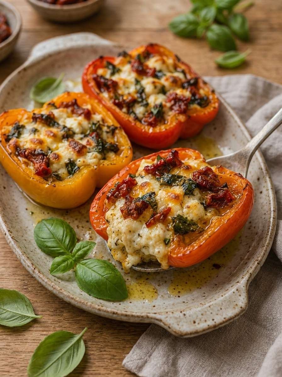 Demi-poivrons rôtis au four garnis de feta légèrement dorée, de tomates séchées et de basilic frais, avec un filet d’huile d’olive.
