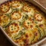 Gratin de pommes de terre et courgettes en fines rondelles, garni de fromage de chèvre doré et fondant, avec crème et huile d’olive dans un plat au four.