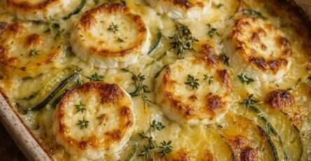 Gratin de pommes de terre et courgettes en fines rondelles, garni de fromage de chèvre doré et fondant, avec crème et huile d’olive dans un plat au four.