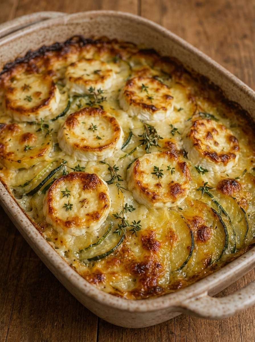 Gratin de pommes de terre et courgettes en fines rondelles, garni de fromage de chèvre doré et fondant, avec crème et huile d’olive dans un plat au four.