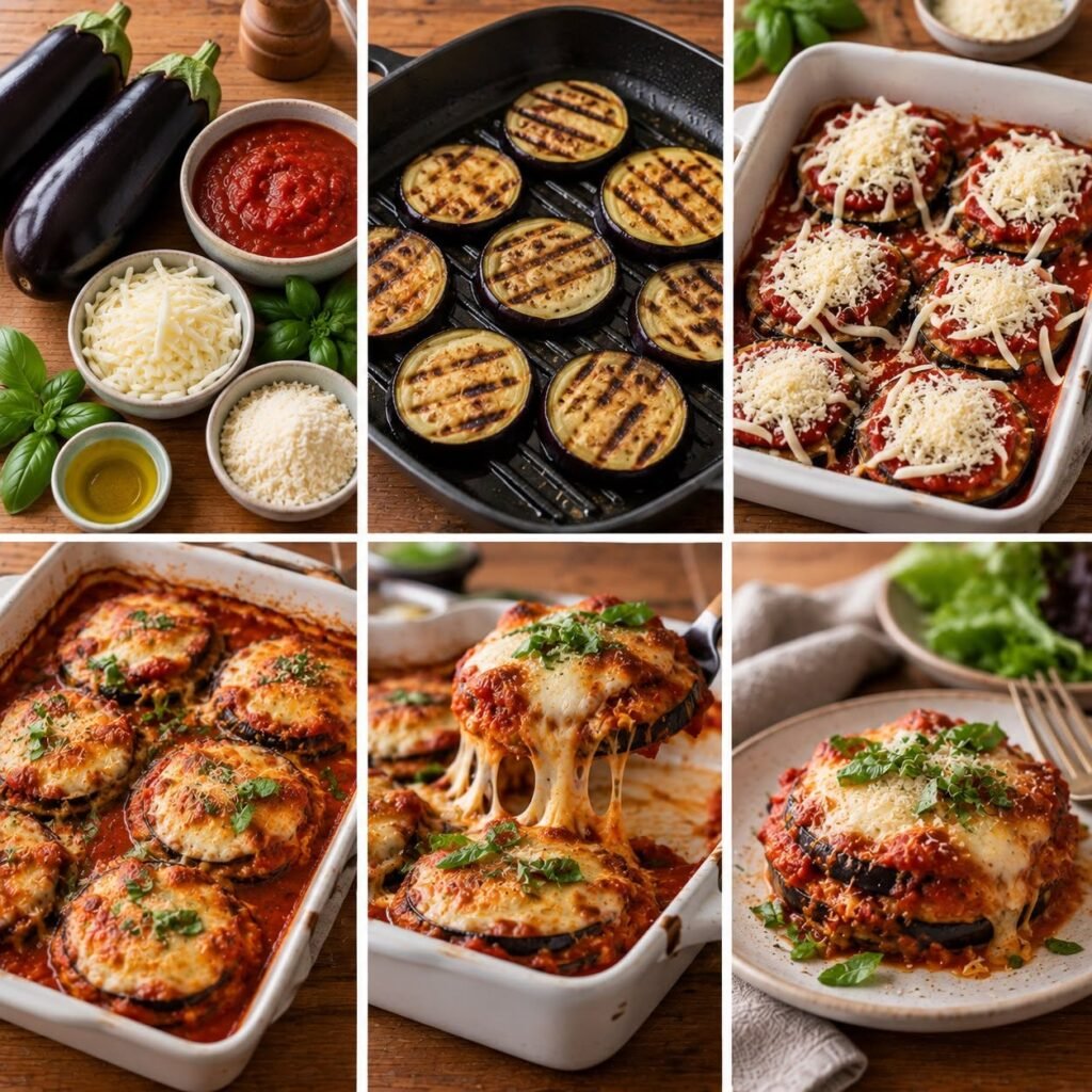 Aubergines parmesanes express gratinées au four avec rondelles d’aubergine, sauce tomate, mozzarella fondante, parmesan doré et basilic frais.