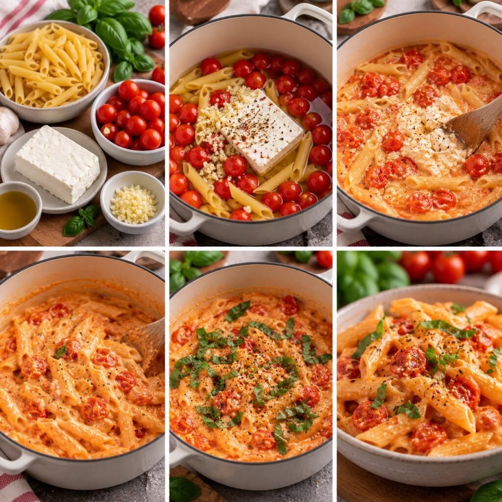 One-pot pasta crémeux à la tomate et à la feta, avec tomates cerises fondantes, ail et feuilles de basilic frais dans une grande casserole.