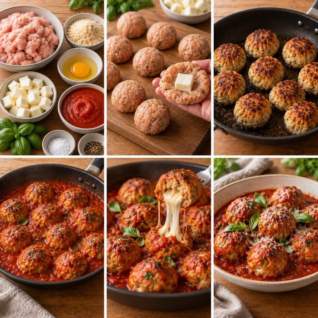 Boulettes de poulet dorées avec cœur de mozzarella fondante, mijotées dans une sauce tomate maison et garnies de feuilles de basilic frais.