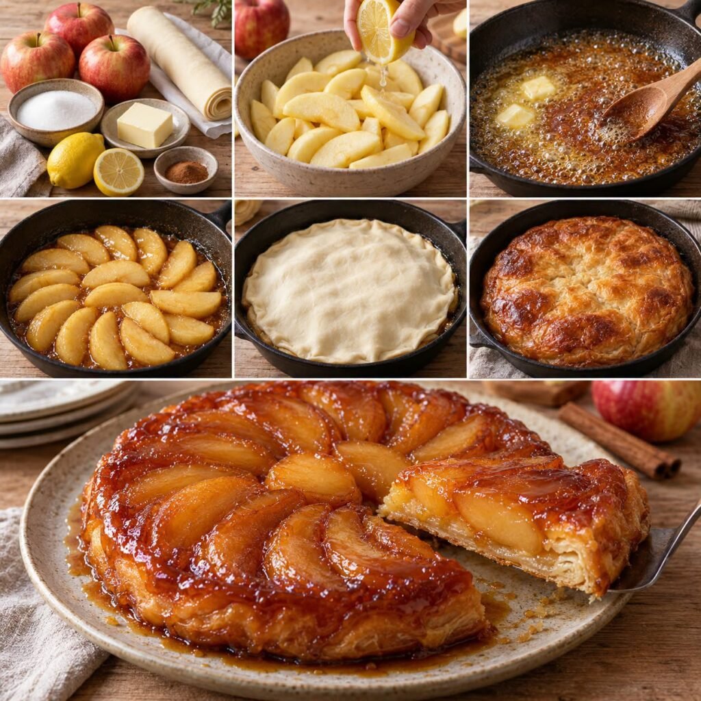 Tarte Tatin minute aux pommes caramélisées, recouverte d’une pâte feuilletée dorée et servie tiède après démoulage.