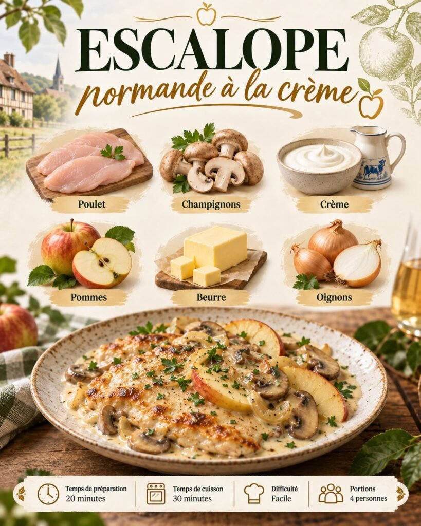 Escalope normande dorée servie avec une sauce crémeuse aux champignons et morceaux de pommes fondantes dans une assiette rustique.
