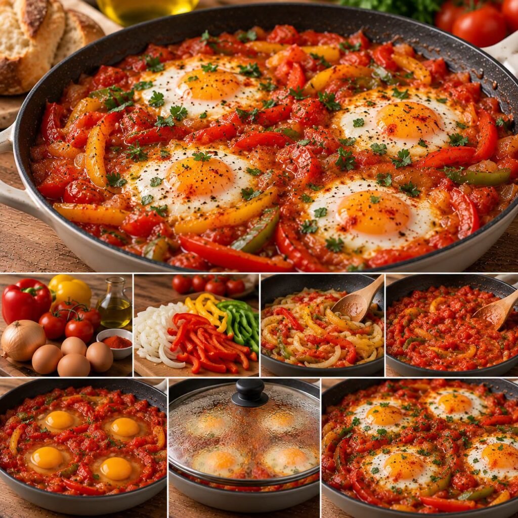 Piperade express aux œufs servie dans une poêle avec poivrons rouges et verts, tomates mijotées, oignon et quatre œufs cuits sur le dessus.