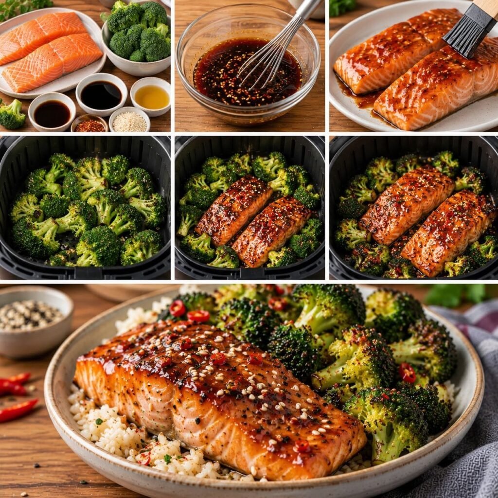 Pavés de saumon teriyaki cuits à l’Air Fryer avec brocoli rôti, graines de sésame et légère touche de piment.