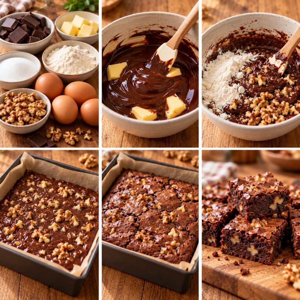 Brownie au chocolat fondant découpé en carrés, garni de noix croquantes et servi sur une planche en bois.
