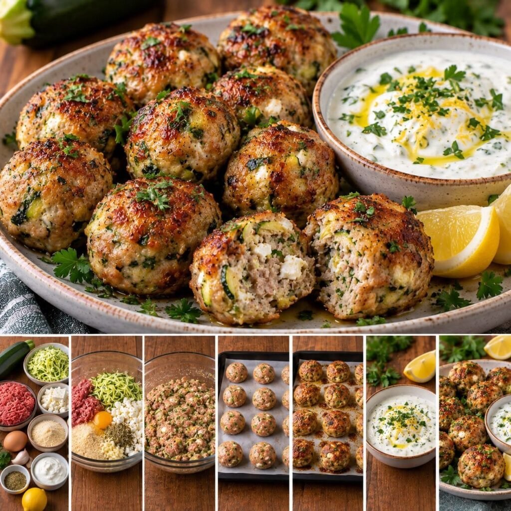 Boulettes dorées à la feta et courgette servies avec une sauce crémeuse au yaourt grec et citron, accompagnées d’herbes fraîches.