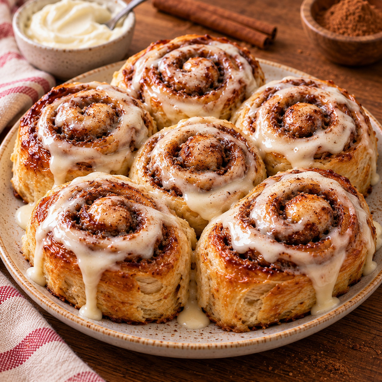 Cinnamon rolls express en pâte feuilletée dorée, garnis de cassonade et de cannelle, puis recouverts d’un glaçage crémeux au fromage frais.
