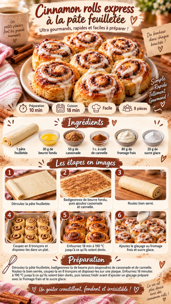 Cinnamon rolls express en pâte feuilletée dorée, garnis de cassonade et de cannelle, puis recouverts d’un glaçage crémeux au fromage frais.
