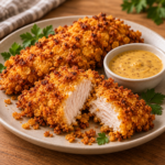 Filets de poulet croustillants enrobés de cornflakes dorés au paprika, servis avec une sauce crémeuse au miel et à la moutarde.