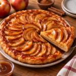 Tarte fine aux pommes disposées en rosace sur une pâte feuilletée dorée, parfumée à la cannelle et nappée de caramel au beurre salé.