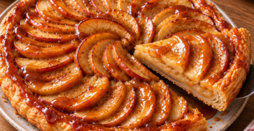 Tarte fine aux pommes disposées en rosace sur une pâte feuilletée dorée, parfumée à la cannelle et nappée de caramel au beurre salé.