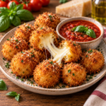 Bouchées de mozzarella panée bien dorées et croustillantes, ouvertes pour révéler un cœur de fromage filant, servies avec une sauce tomate chaude.