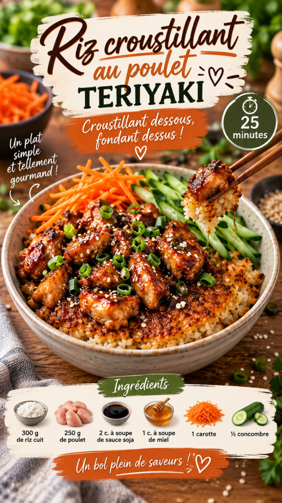 Riz croustillant doré à la poêle garni de morceaux de poulet teriyaki caramélisés au miel et sauce soja, avec carotte râpée et concombre frais.