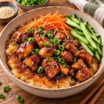 Riz croustillant doré à la poêle garni de morceaux de poulet teriyaki caramélisés au miel et sauce soja, avec carotte râpée et concombre frais.