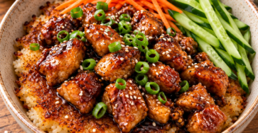 Riz croustillant doré à la poêle garni de morceaux de poulet teriyaki caramélisés au miel et sauce soja, avec carotte râpée et concombre frais.