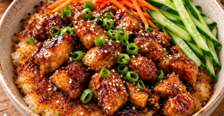 Riz croustillant doré à la poêle garni de morceaux de poulet teriyaki caramélisés au miel et sauce soja, avec carotte râpée et concombre frais.