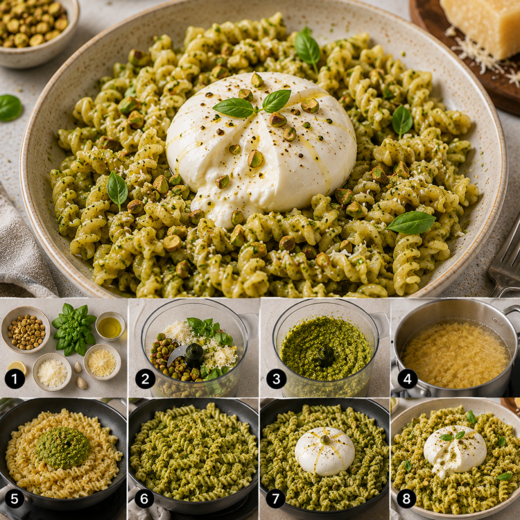 Fusilli enrobés d’un pesto crémeux de pistache, basilic et parmesan, servis avec une burrata fondante au centre et quelques pistaches concassées.