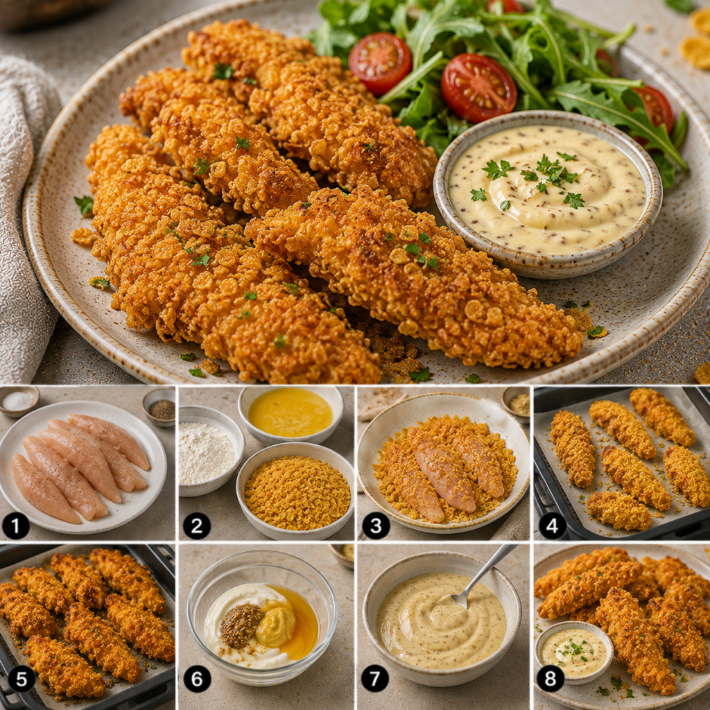 Aiguillettes de poulet panées aux corn flakes, dorées et croustillantes, servies avec une sauce crémeuse au miel, à la moutarde et au yaourt.