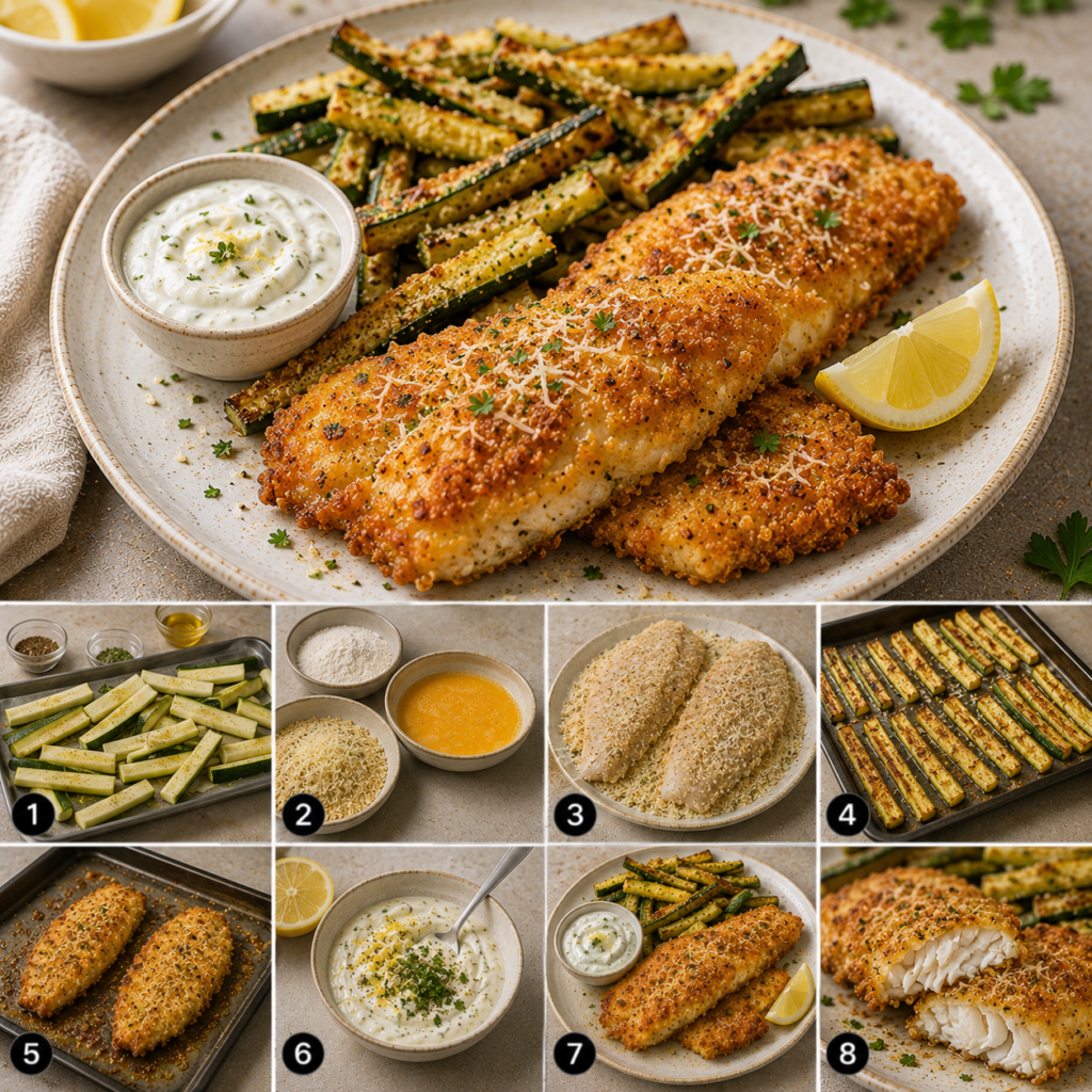 Filets de poisson panés au parmesan et dorés au four, accompagnés de frites de courgette croustillantes et d’une sauce crémeuse au yaourt et citron.