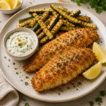 Filets de poisson panés au parmesan et dorés au four, accompagnés de frites de courgette croustillantes et d’une sauce crémeuse au yaourt et citron.