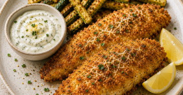 Filets de poisson panés au parmesan et dorés au four, accompagnés de frites de courgette croustillantes et d’une sauce crémeuse au yaourt et citron.
