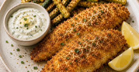 Filets de poisson panés au parmesan et dorés au four, accompagnés de frites de courgette croustillantes et d’une sauce crémeuse au yaourt et citron.