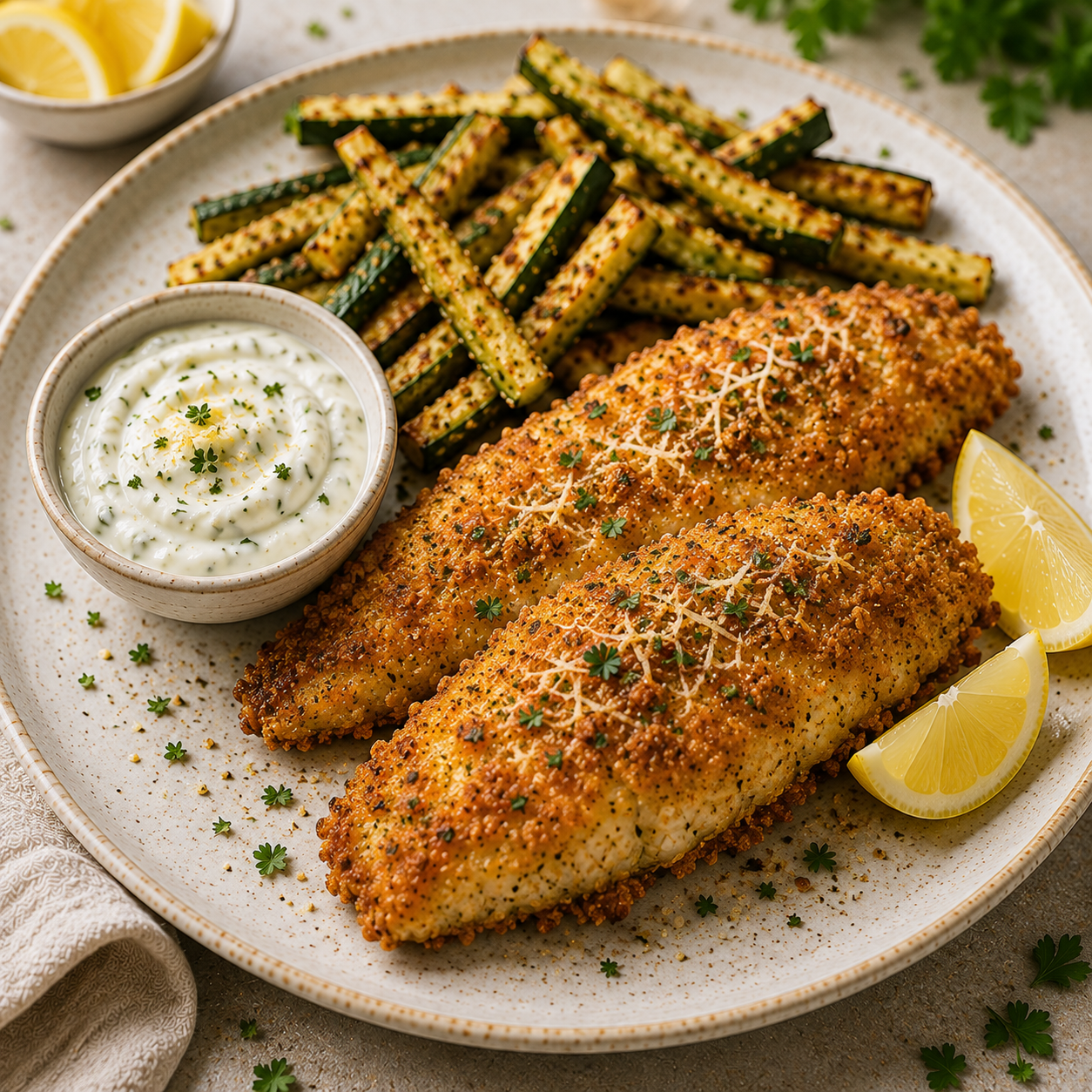Filets de poisson panés au parmesan et dorés au four, accompagnés de frites de courgette croustillantes et d’une sauce crémeuse au yaourt et citron.