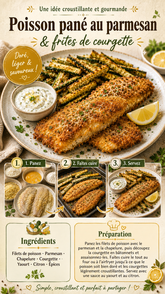 Filets de poisson panés au parmesan et dorés au four, accompagnés de frites de courgette croustillantes et d’une sauce crémeuse au yaourt et citron.
