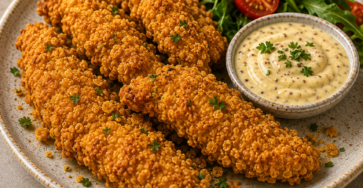 Aiguillettes de poulet panées aux corn flakes, dorées et croustillantes, servies avec une sauce crémeuse au miel, à la moutarde et au yaourt.