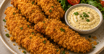 Aiguillettes de poulet panées aux corn flakes, dorées et croustillantes, servies avec une sauce crémeuse au miel, à la moutarde et au yaourt.